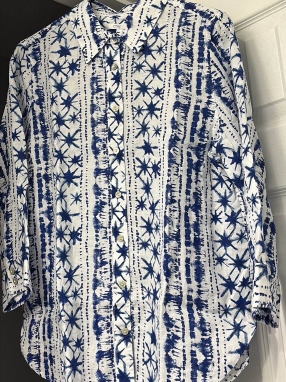 Chico’s Americana Patriotic linen button shirt Blue White Shirt BNWT - Size 1